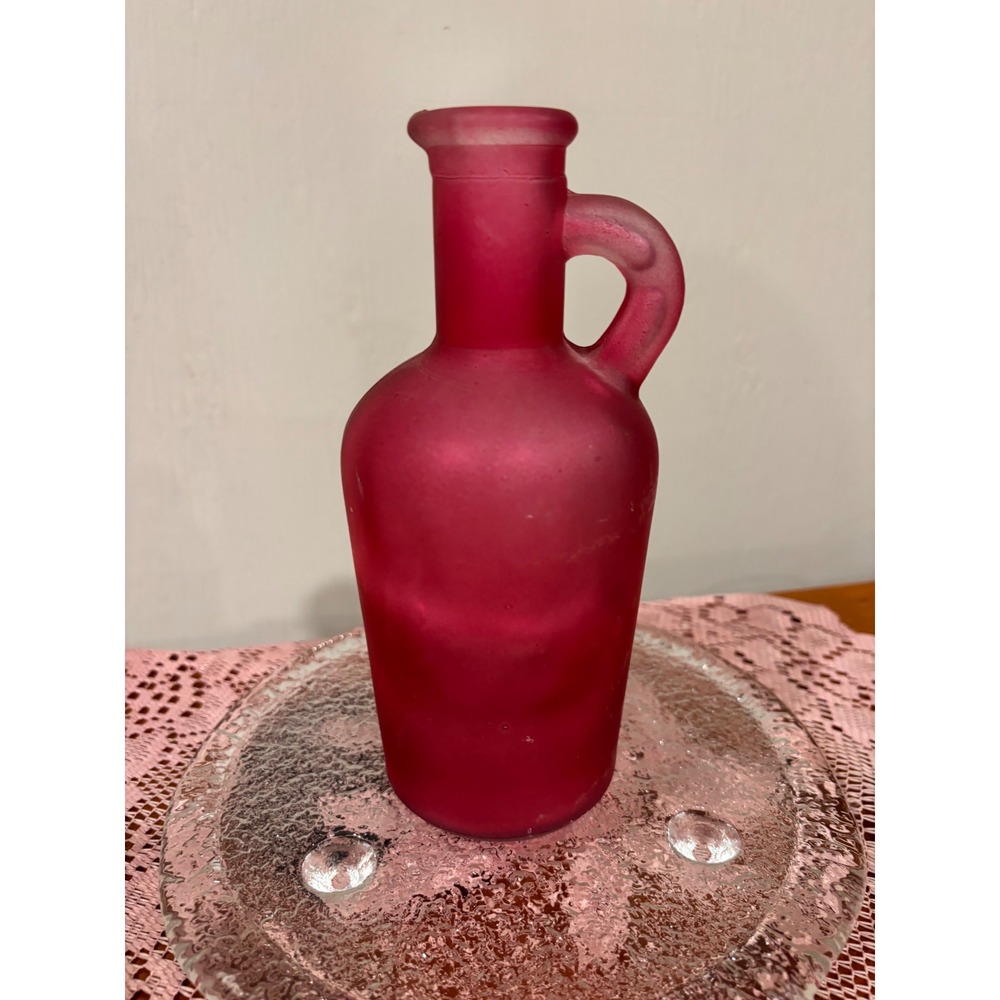 Vintage Frosted Satin Glass Cruet Handled Jug Pink Ruby Red Decorative Pitcher